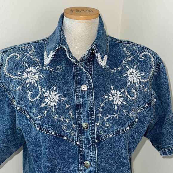 Denim jean Pearl embellished vintage button up down shirt western small s - Picture 3 of 8